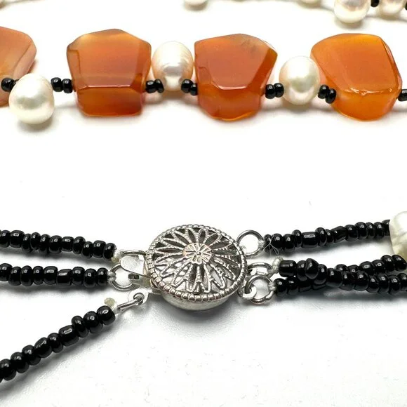 Vintage Three-Strand Carnelian & Cultured Pearl Necklace—Artisan Made — EUC